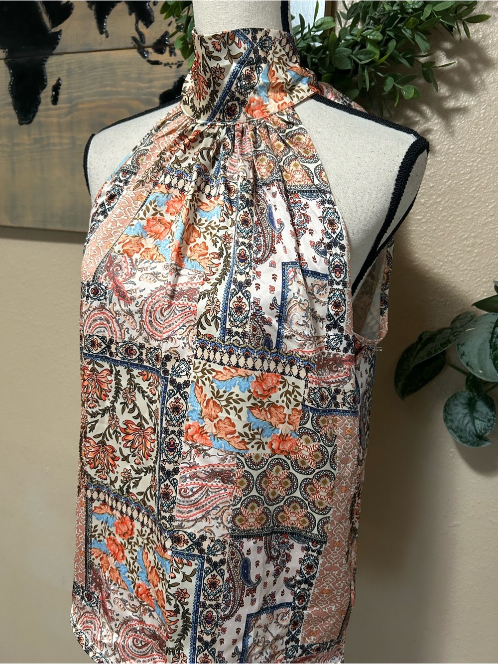 NWT Rachel Zoe Paisley Patchwork Halter Blouse Medium Mock Neck Boho Resort Top - Picture 1 of 7
